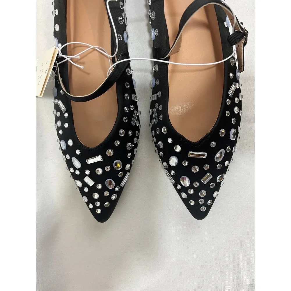 A New Day Womens Black Rhinestone Pointed Toe Mary Jane Flats Size 8.5 NEW